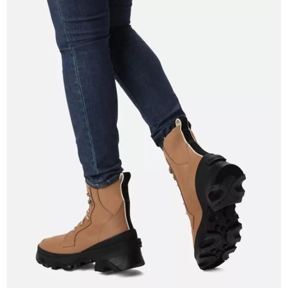 NEW SOREL Brex Lace Up Boot Women's 11 Tawny Brown Black Leather Rain Boot - Picture 2 of 13